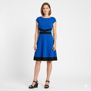 Karl Lagerfeld Blue Fit & Flare Dress Black Trim Knee Lenght Size 10
